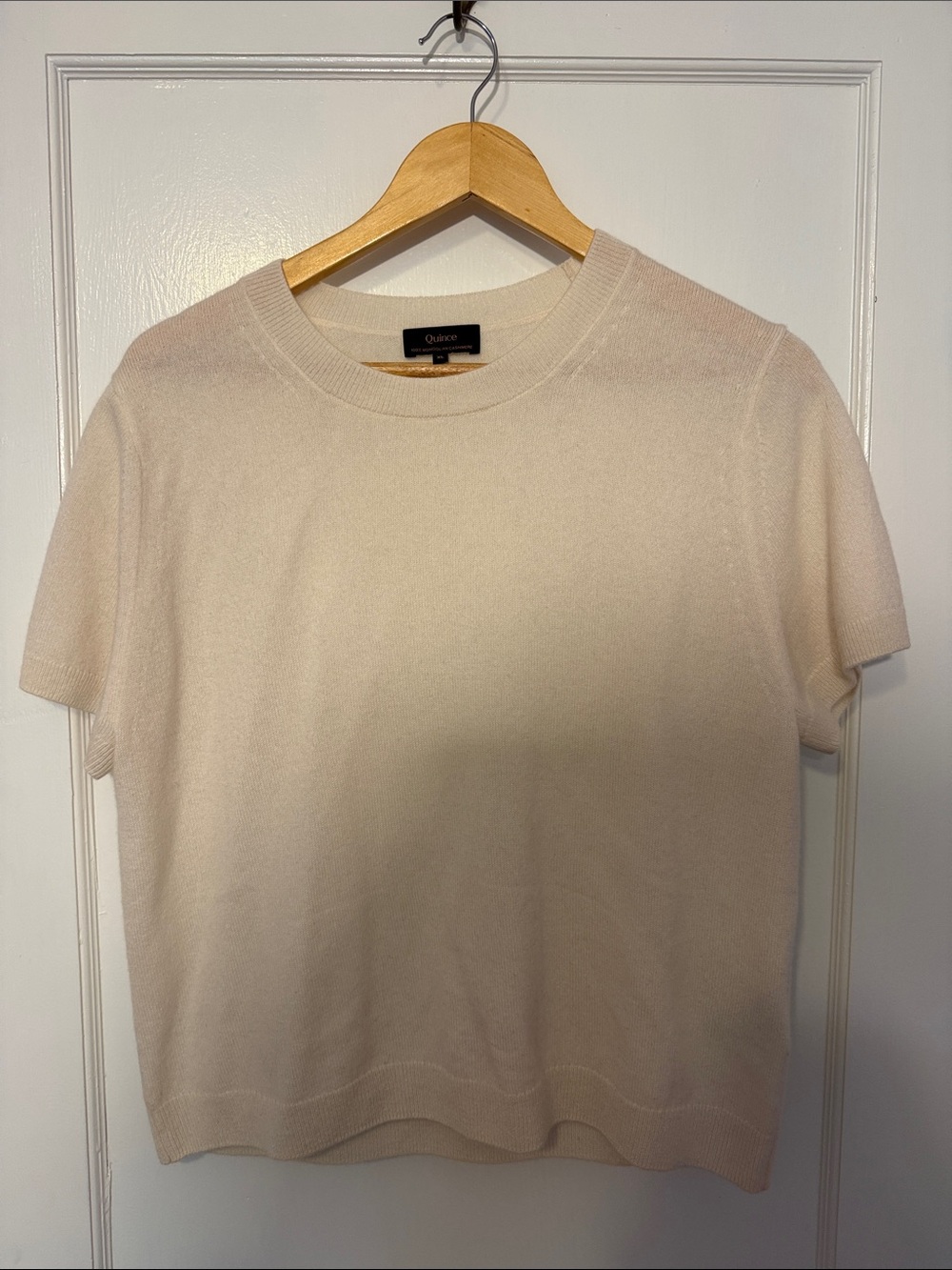 Quince Mongolian Cashmere Short Sleeve Crewneck Top in Light Beige